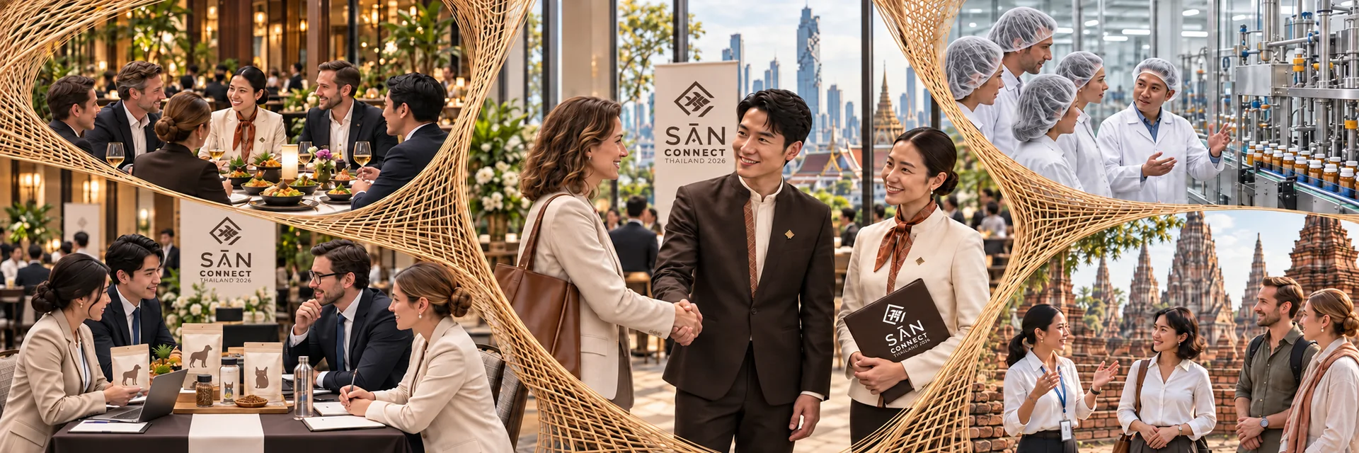 Illustrative SĀN experiences woven together: business matching and product showcase, an Asian businessman and Western businesswoman shaking hands against a Bangkok city view, a networking dinner, a modern factory visit and Thai culture in Ayutthaya.