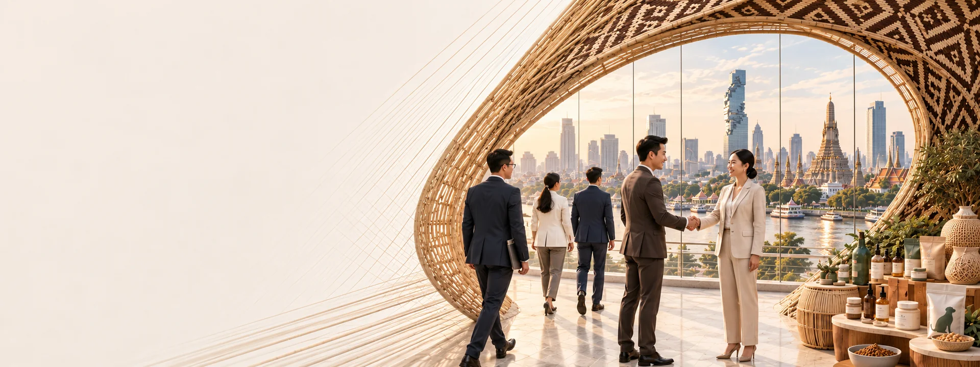 Illustrative business guests shaking hands with a SĀN host in a contemporary Thai setting with Thai products