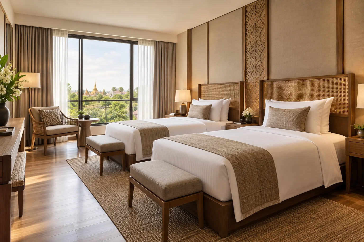 Illustrative bright twin hotel room with Thai design details.