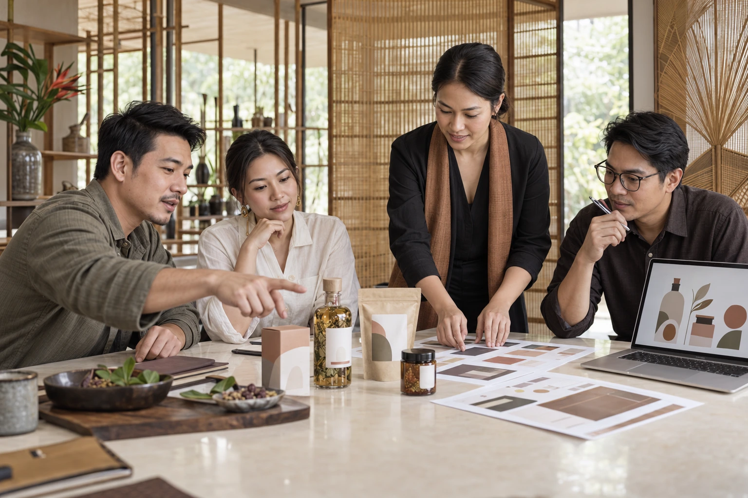 Illustrative collaborative workshop preparing a Thai business offer with a trainer