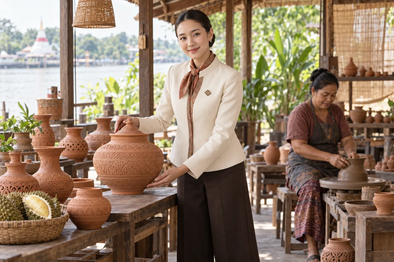 Illustrative scene: SĀN staff introducing Ko Kret pottery · Nonthaburi durian in Nonthaburi