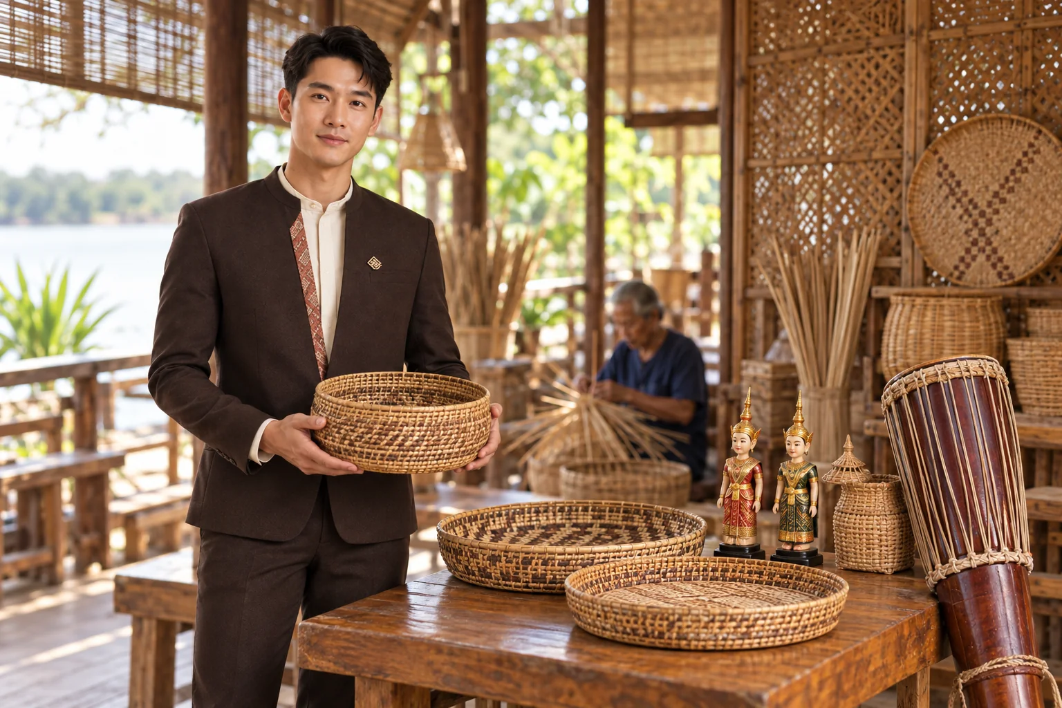 Illustrative scene: SĀN staff introducing Wickerwork · court dolls · drums in Ang Thong
