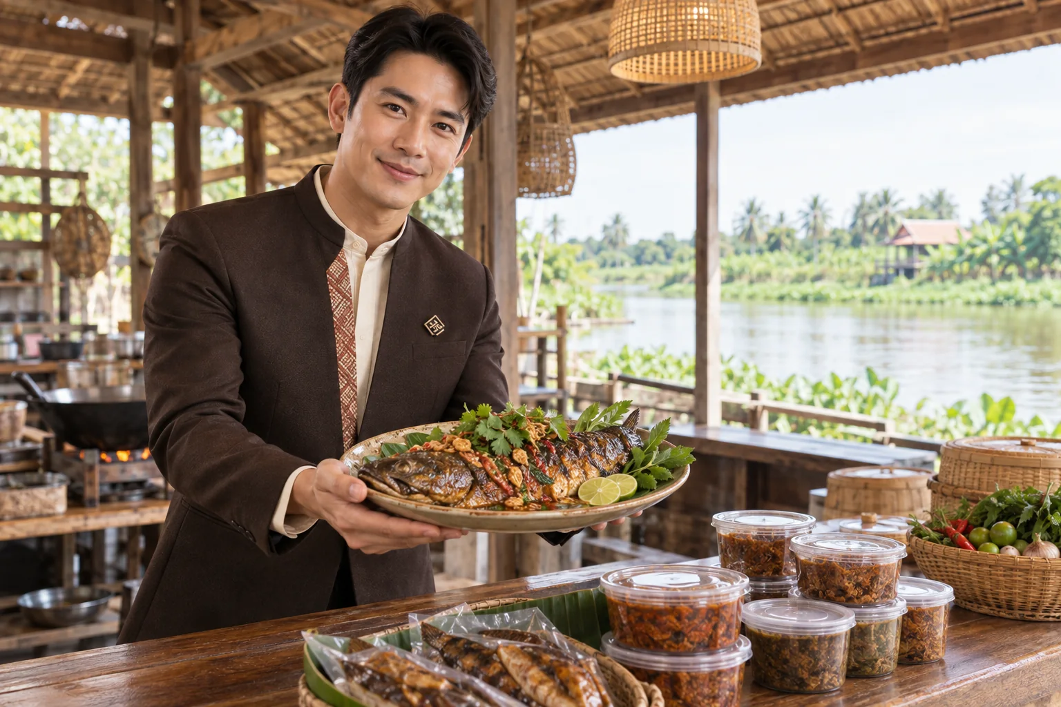 Illustrative scene: SĀN staff introducing Mae La snakehead fish · prepared foods in Sing Buri