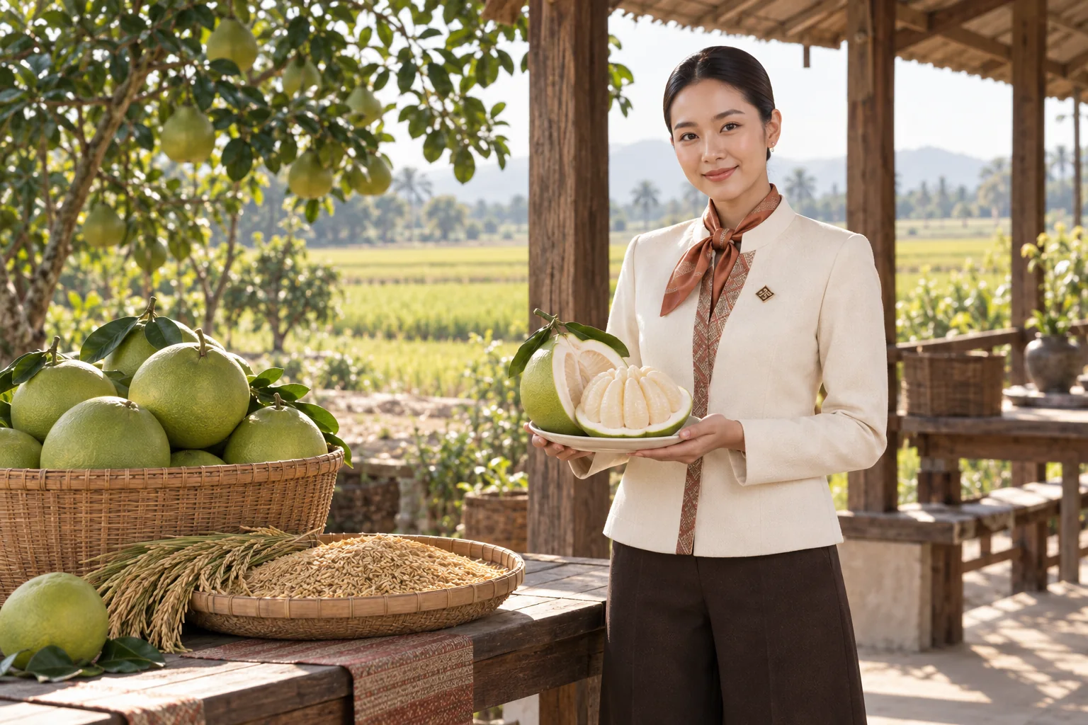 Illustrative scene: SĀN staff introducing Khao Taengkwa pomelo · Chai Nat rice in Chai Nat
