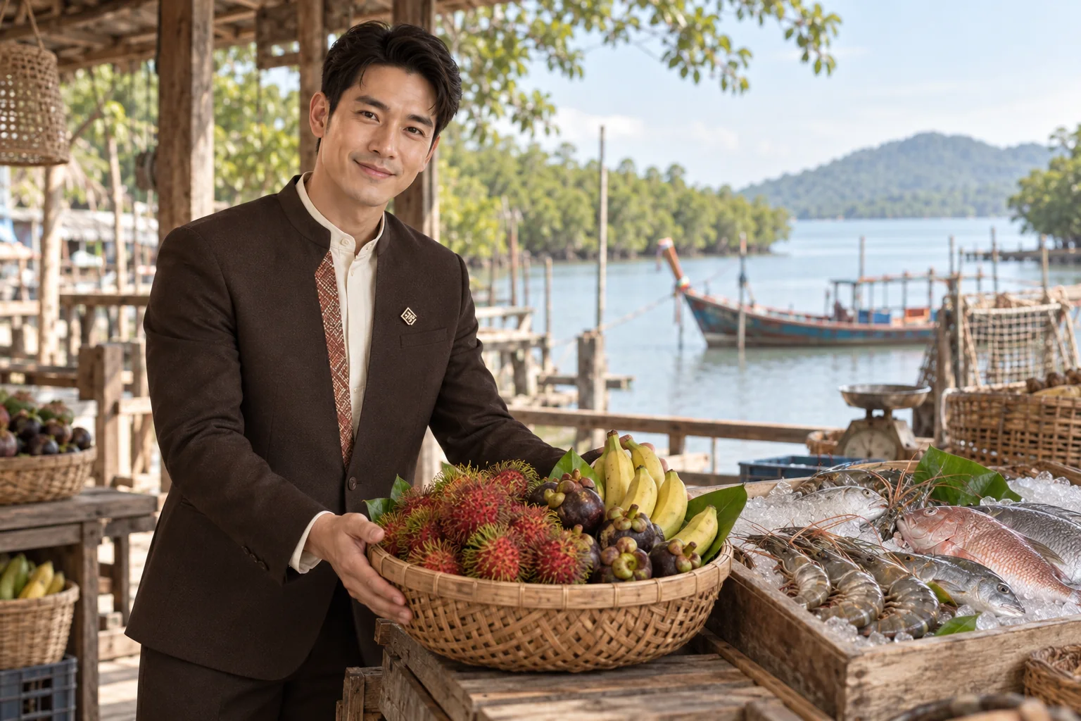 Illustrative scene: SĀN staff introducing Tropical fruit · local seafood in Trat