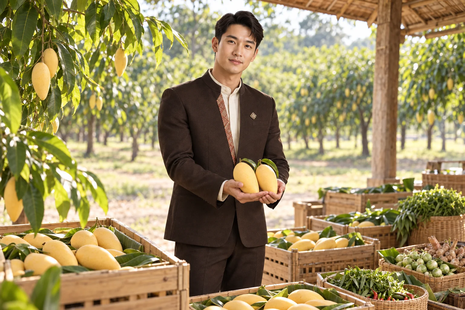 Illustrative scene: SĀN staff introducing Nam Dok Mai mango · local agricultural products in Sa Kaeo