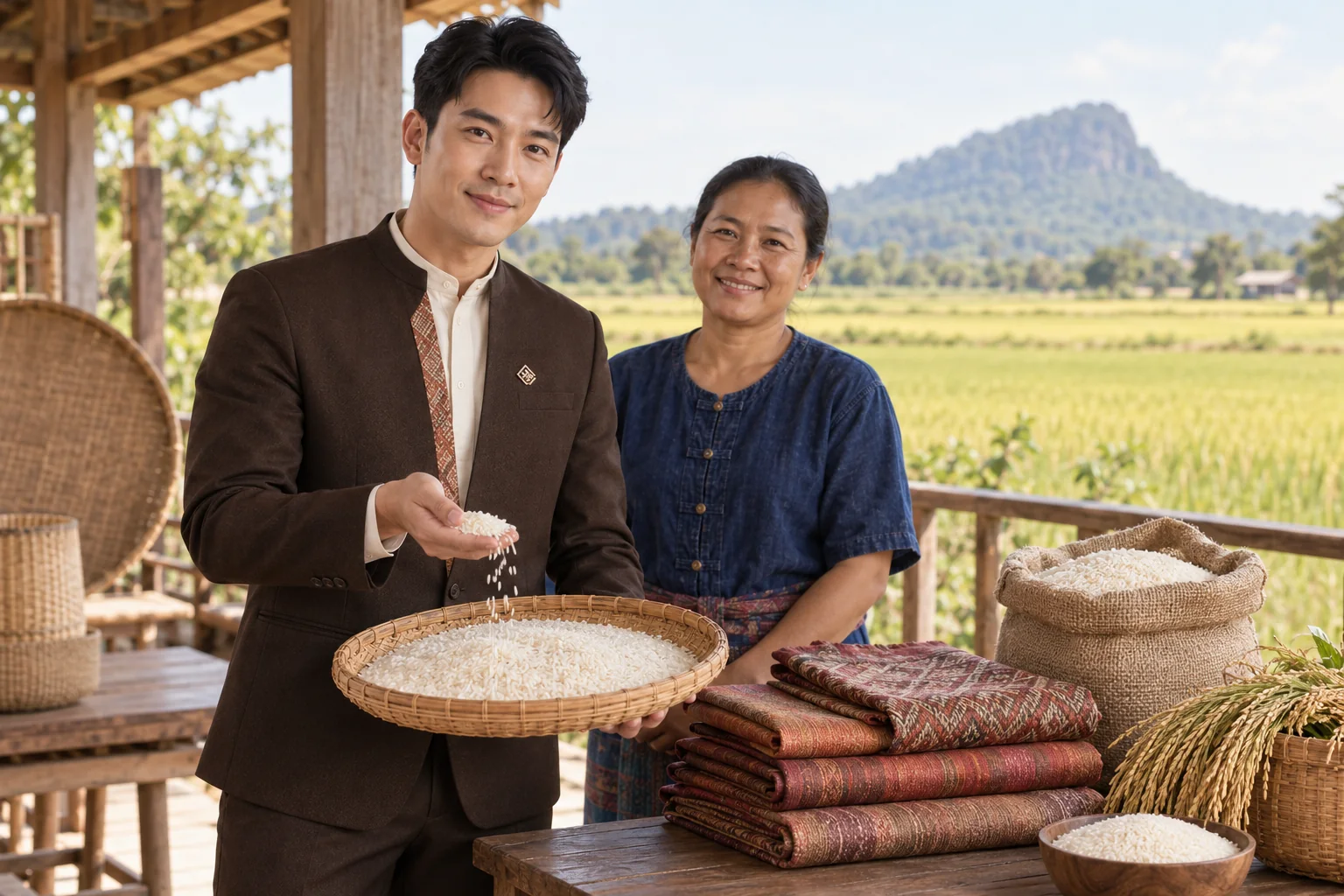 Illustrative scene: SĀN staff introducing Volcanic-soil jasmine rice · silk in Buriram