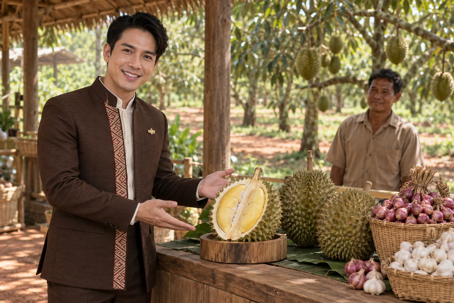 Illustrative scene: SĀN staff introducing Volcanic durian · shallots · garlic in Sisaket