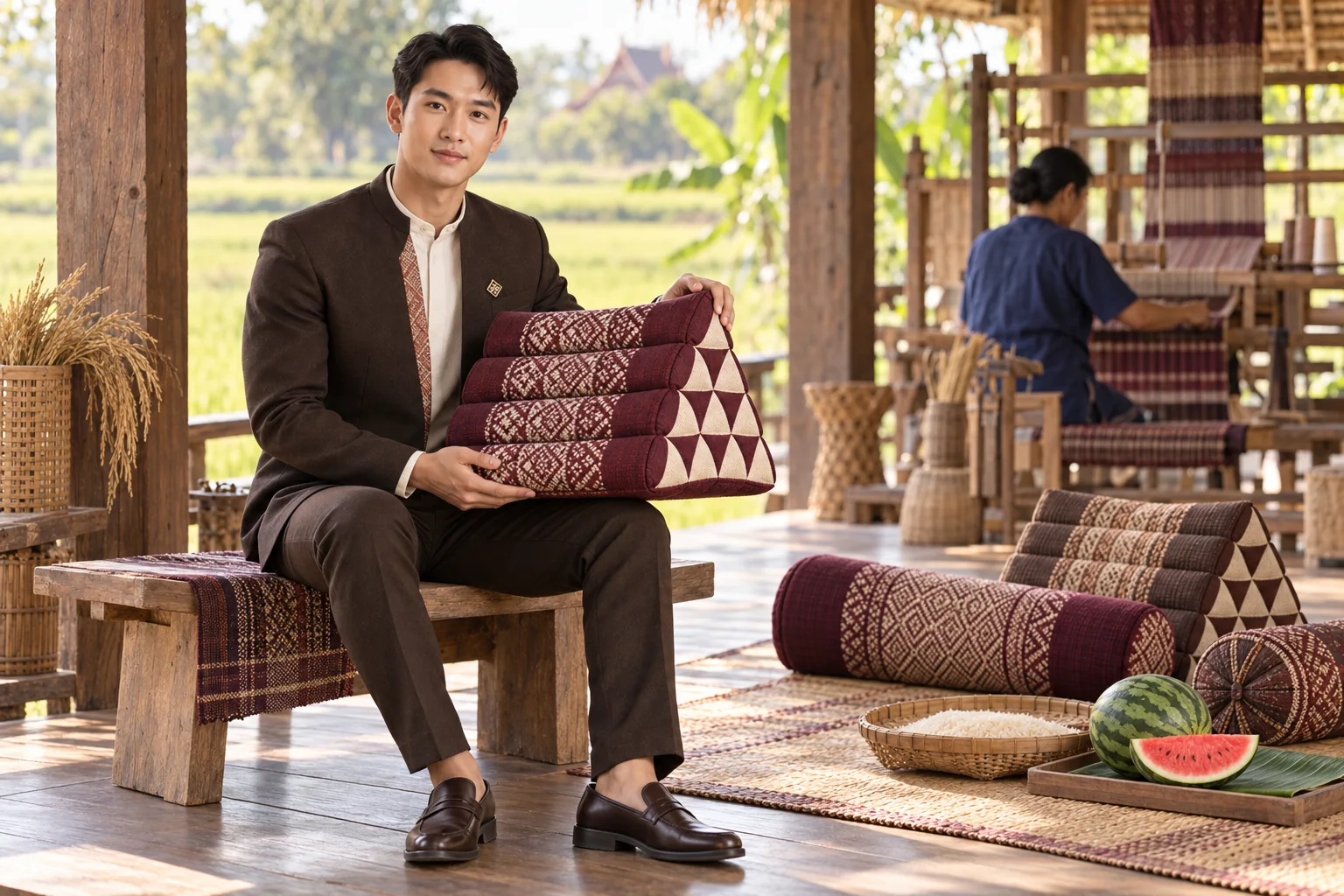 Illustrative scene: SĀN staff introducing Khit pillows · rice · watermelon in Yasothon