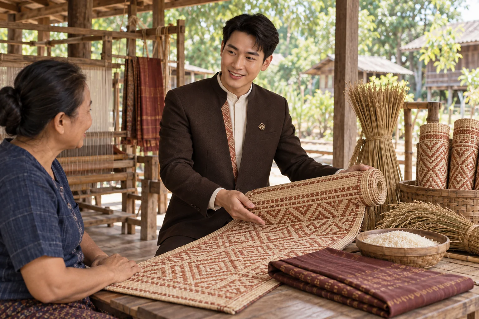 Illustrative scene: SĀN staff introducing Jasmine rice · woven silk · sedge mats in Amnat Charoen