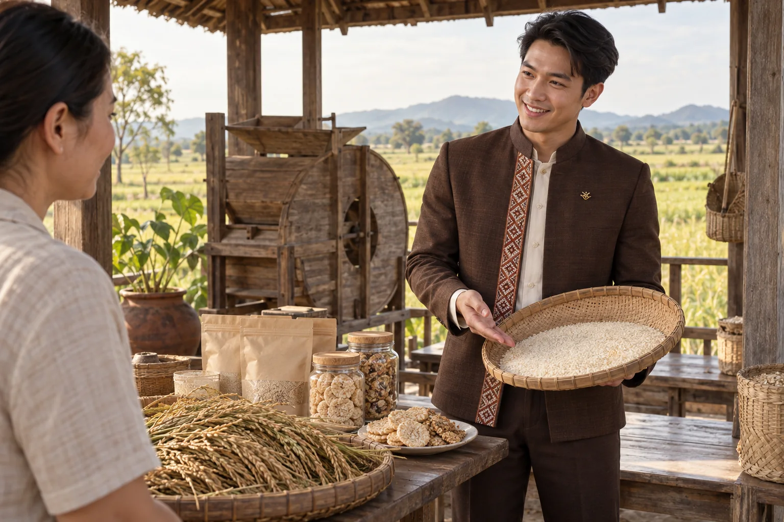 Illustrative scene: SĀN staff introducing Rice · local agricultural processing in Nong Bua Lamphu