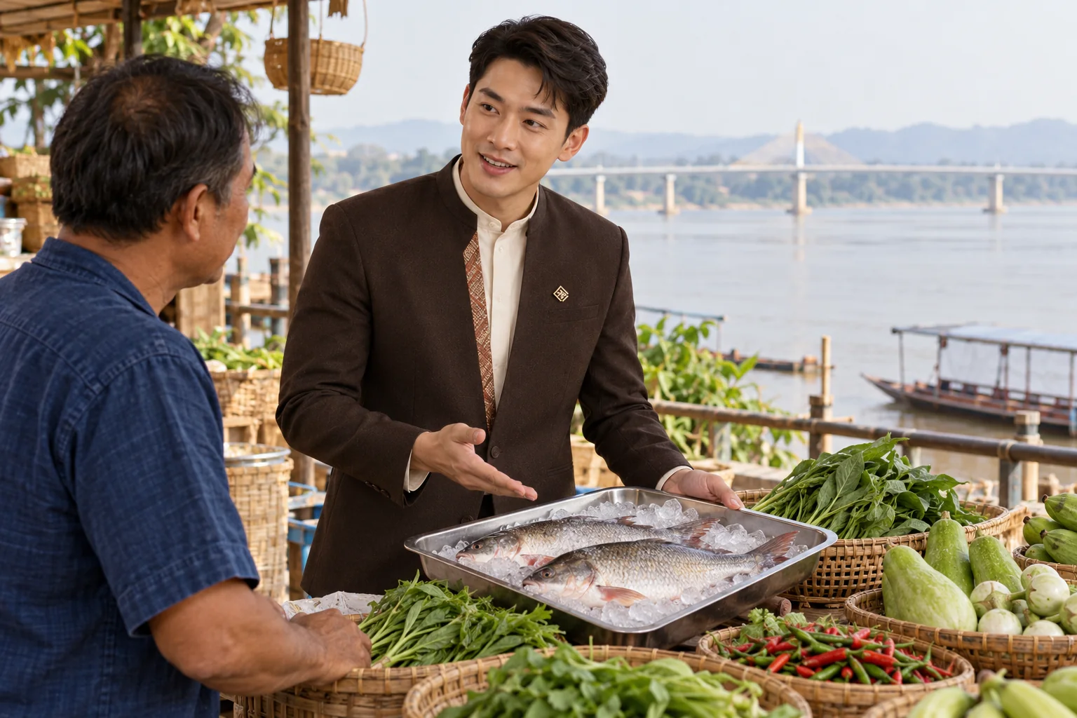 Illustrative scene: SĀN staff introducing Mekong fish · local agricultural products in Nong Khai