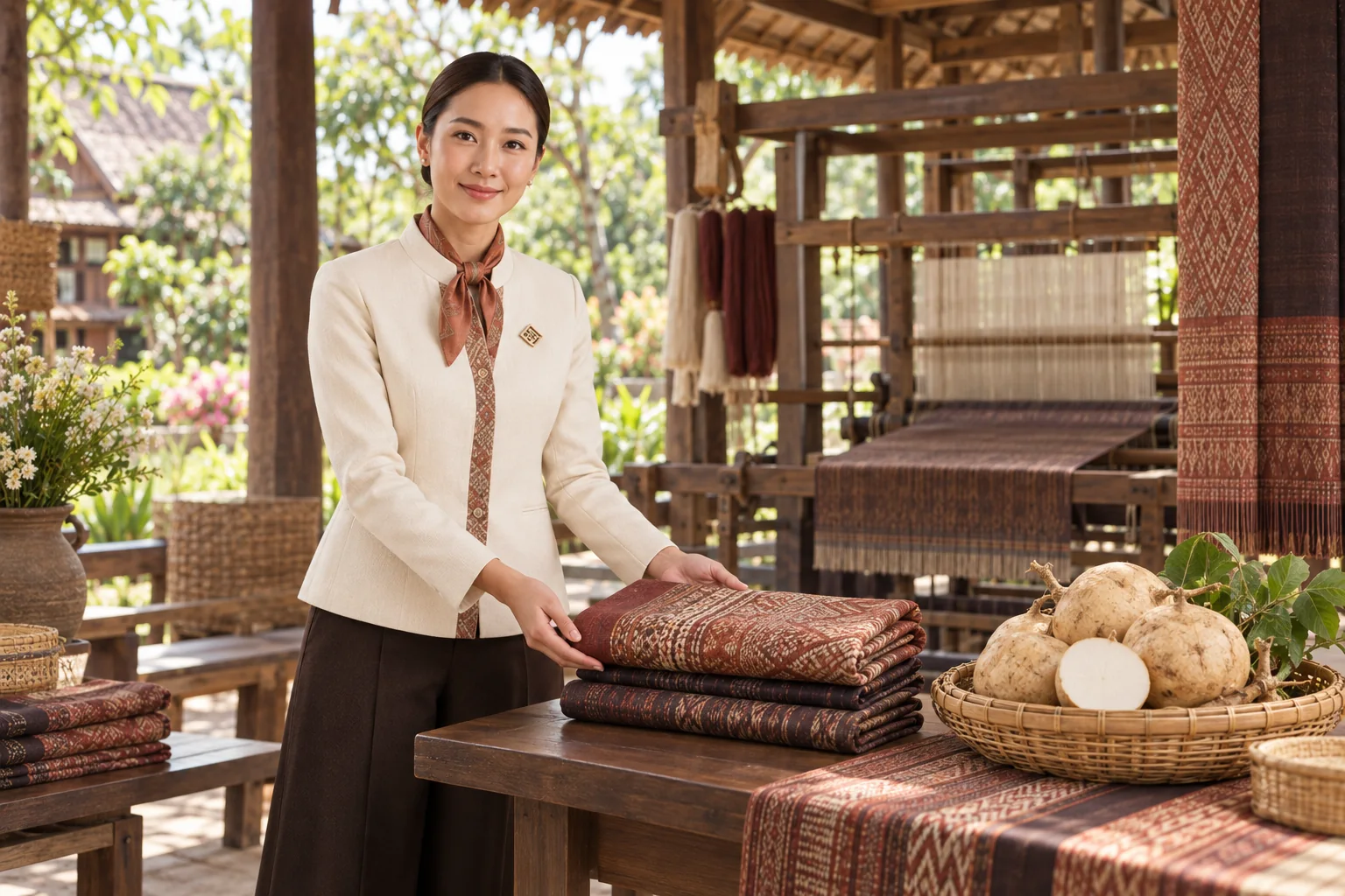 Illustrative scene: SĀN staff introducing Woven silk · Borabue jicama in Maha Sarakham