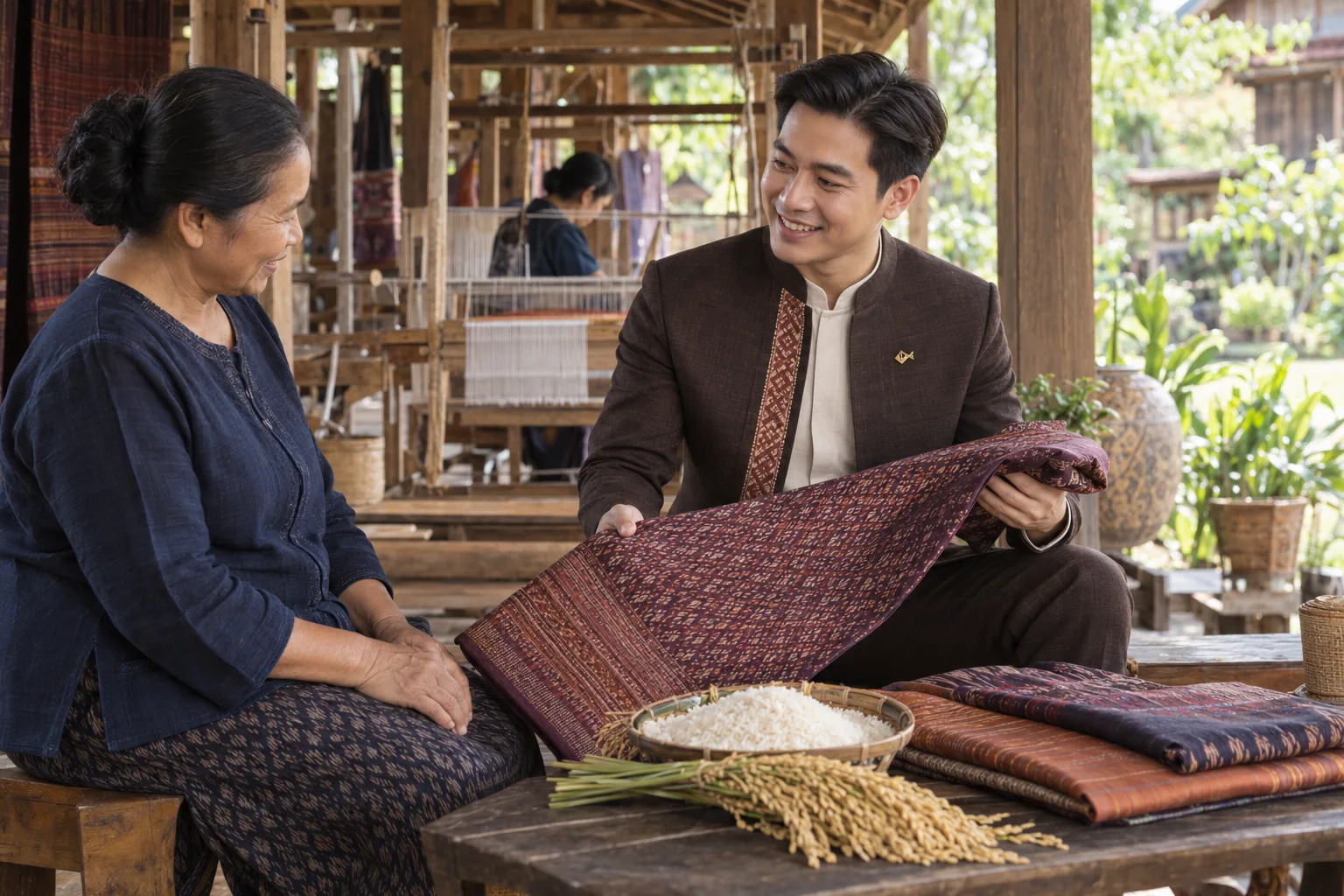 Illustrative scene: SĀN staff introducing Jasmine rice · Saket silk in Roi Et