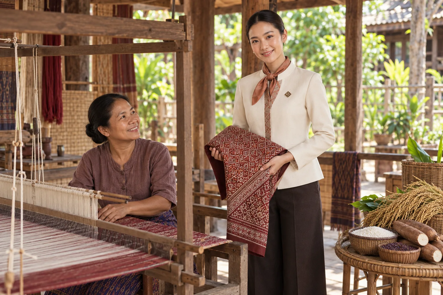 Illustrative scene: SĀN staff introducing Praewa silk · rice · cassava in Kalasin