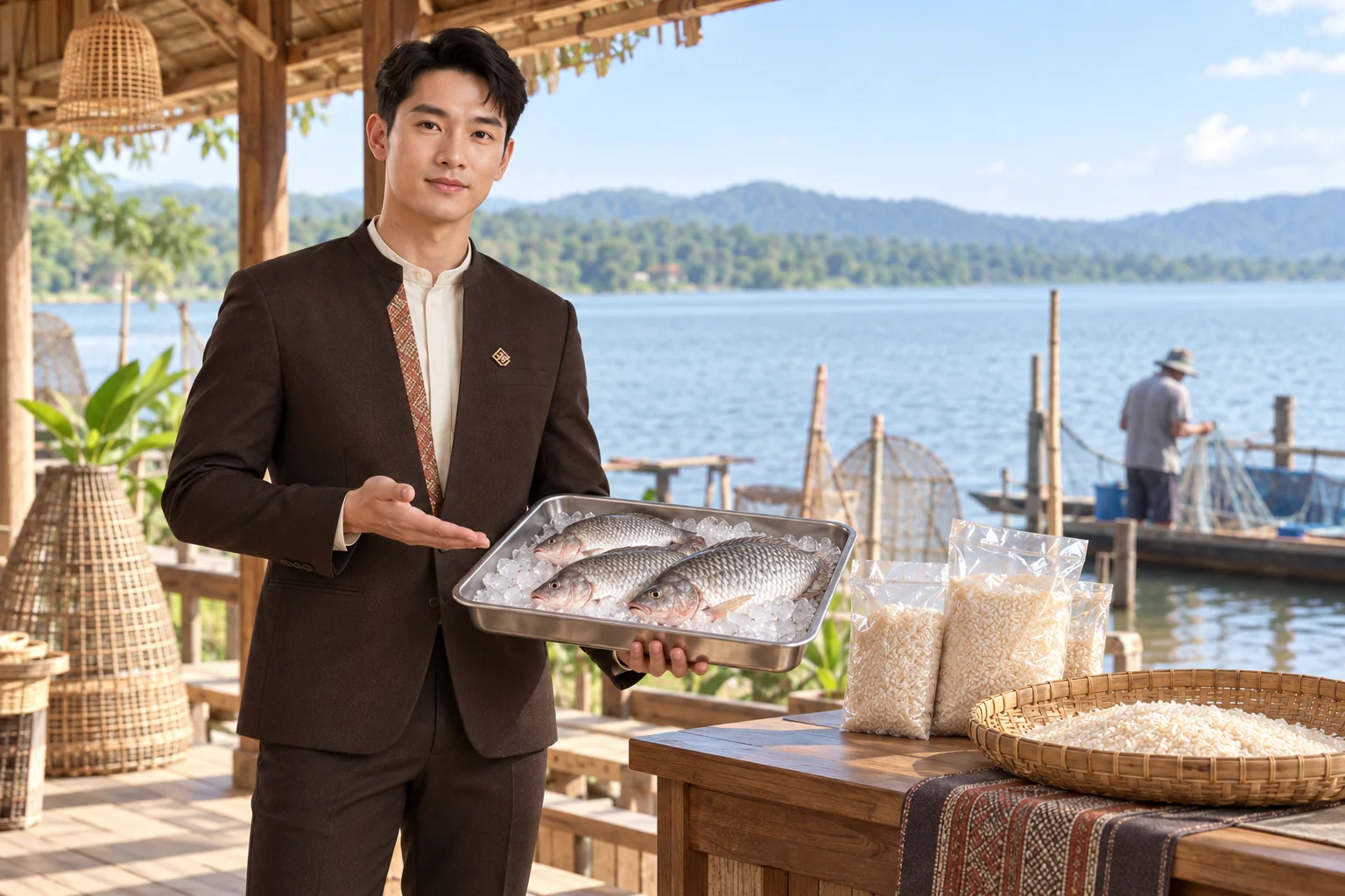 Illustrative scene: SĀN staff introducing Rice · freshwater fish in Sakon Nakhon