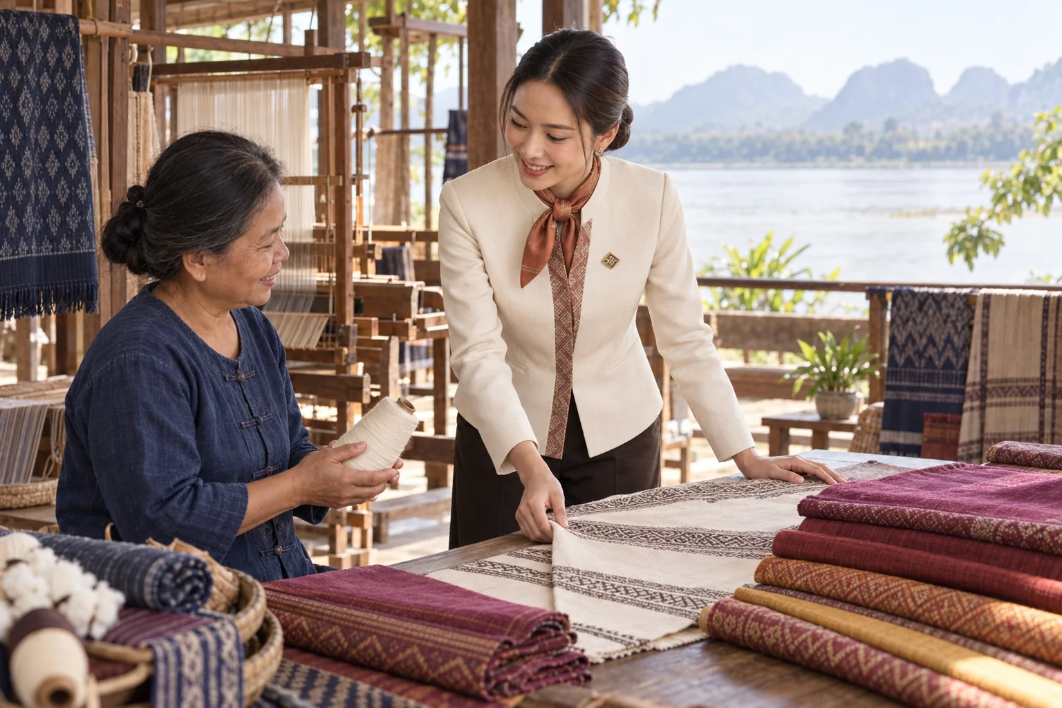 Illustrative scene: SĀN staff introducing Hand-woven silk · cotton textiles in Nakhon Phanom