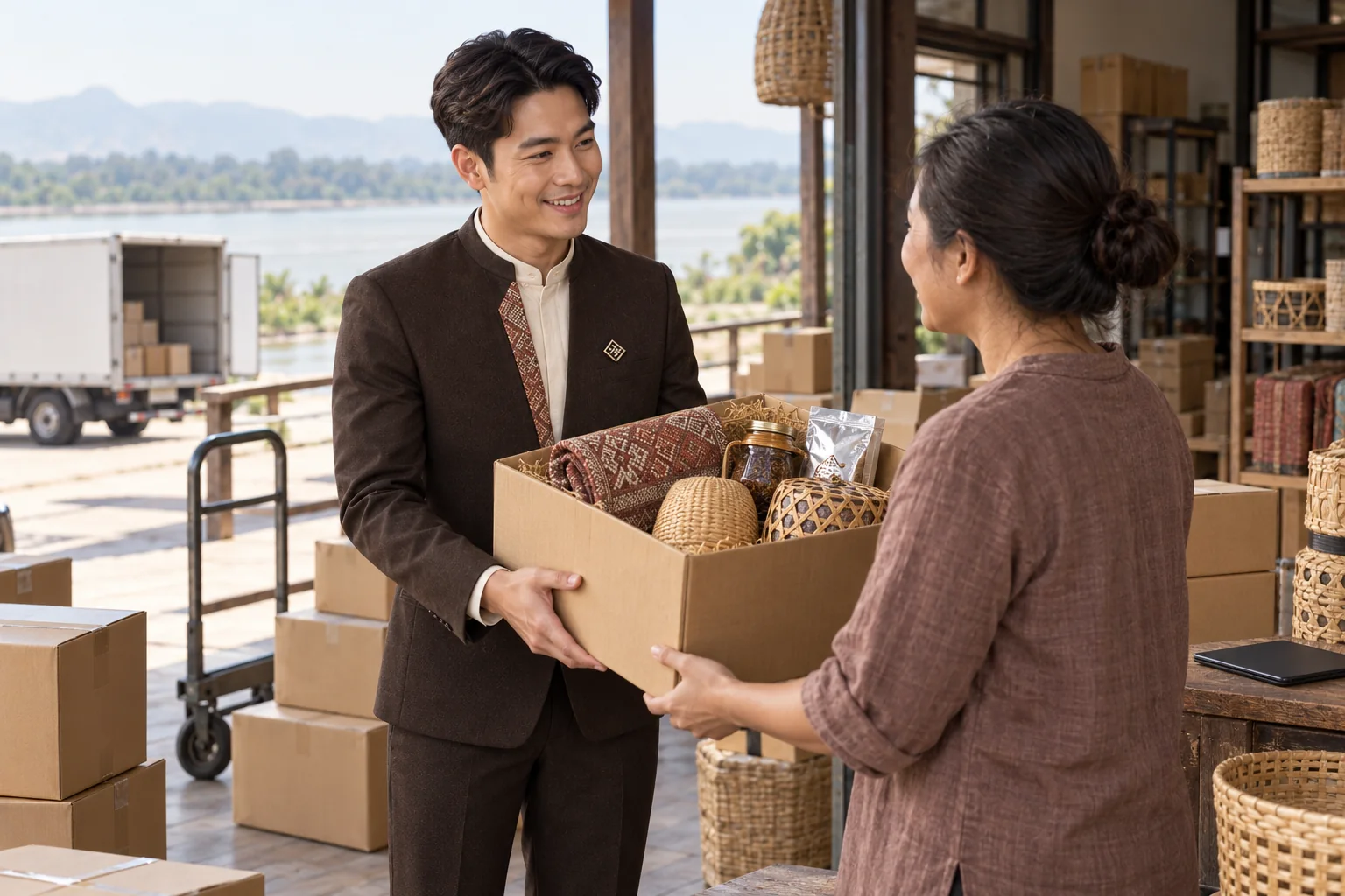 Illustrative scene: SĀN staff introducing Cross-border trade · distribution services in Mukdahan