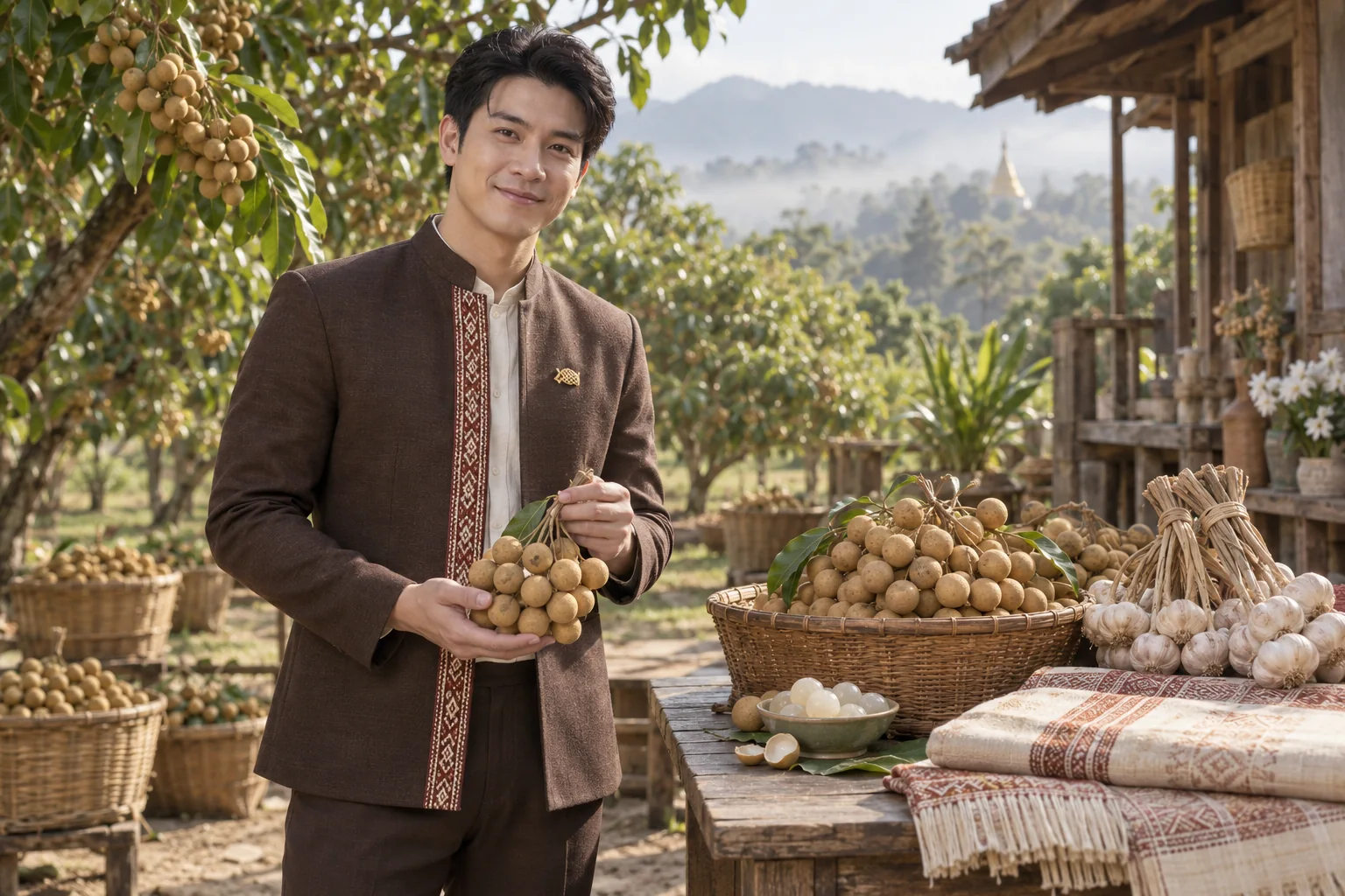 Illustrative scene: SĀN staff introducing Longan · garlic · woven textiles in Lamphun