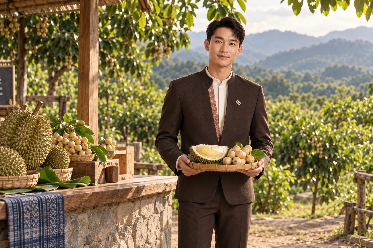 Illustrative scene: SĀN staff introducing Laplae durian · langsat in Uttaradit