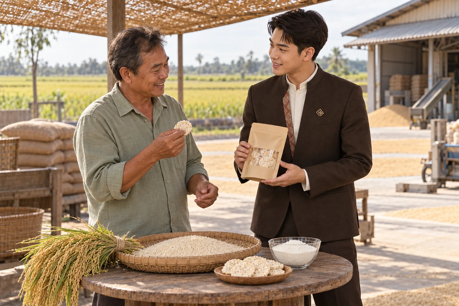 Illustrative scene: SĀN staff introducing Phichit rice · local agricultural processing in Phichit