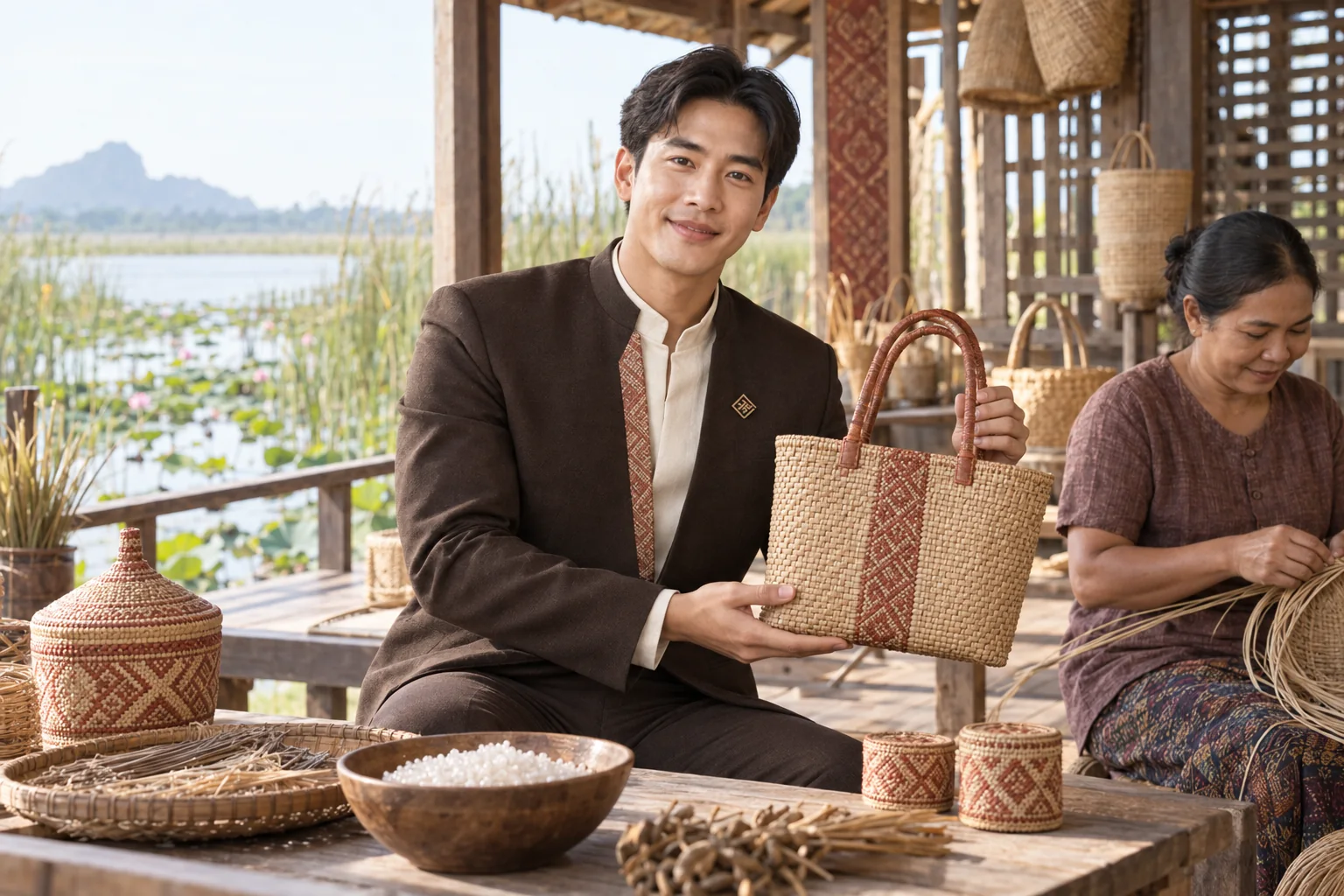 Illustrative scene: SĀN staff introducing Krajood craft · sago products in Phatthalung