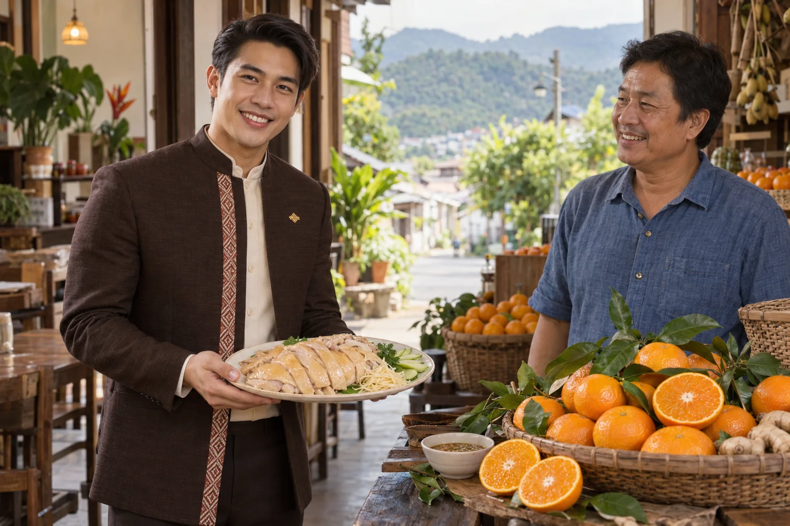 Illustrative scene: SĀN staff introducing Betong chicken · Shogun oranges in Yala