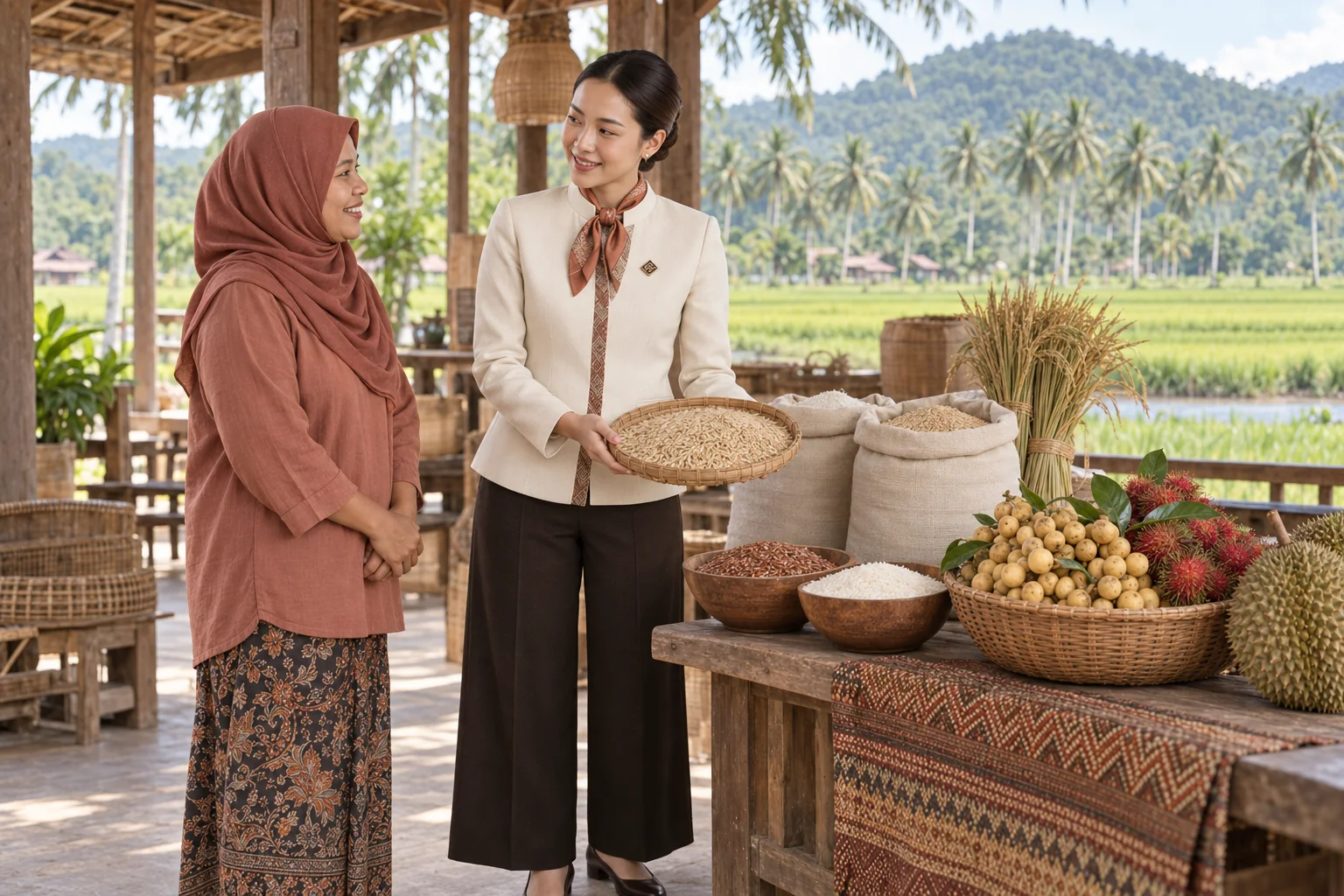 Illustrative scene: SĀN staff introducing Hom Kradang Nga rice · local fruit in Narathiwat